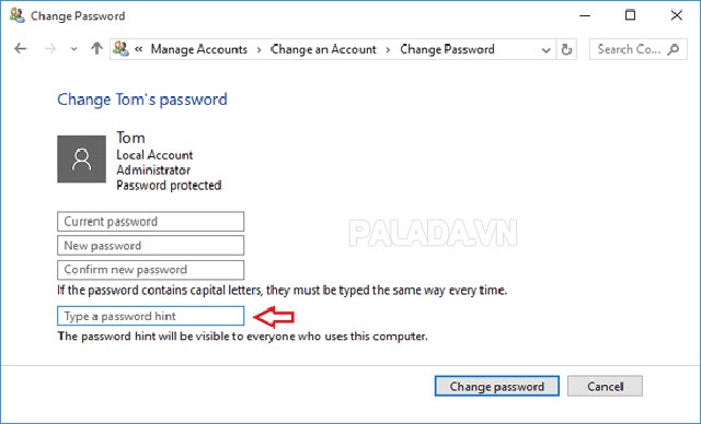 Cài đặt password hint