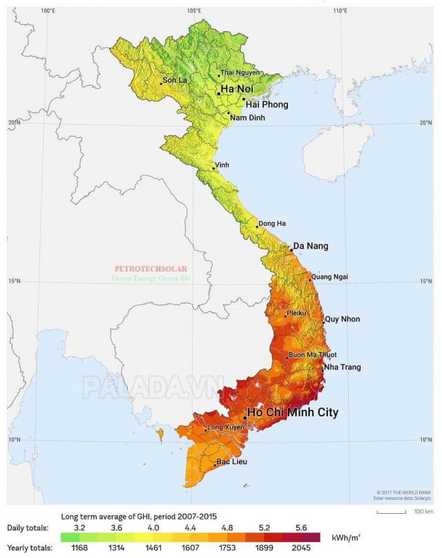 Hình ảnh thể hiện bản đồ bức xạ mặt trời tại Việt Nam