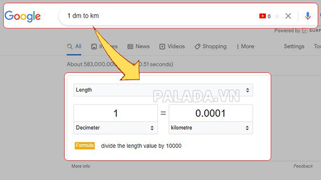 Đổi đơn vị dm bằng Google