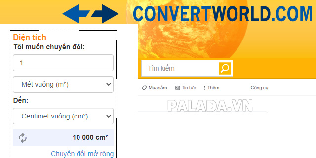 Sử dụng ConvertWorld để đổi m2 sang cm2