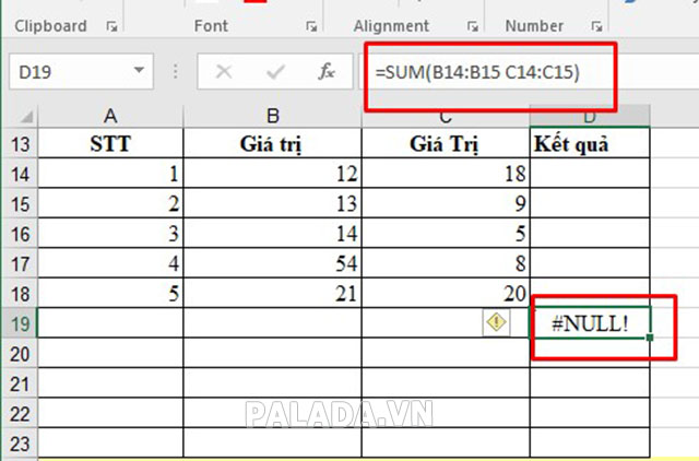 Lỗi NULL trong Excel